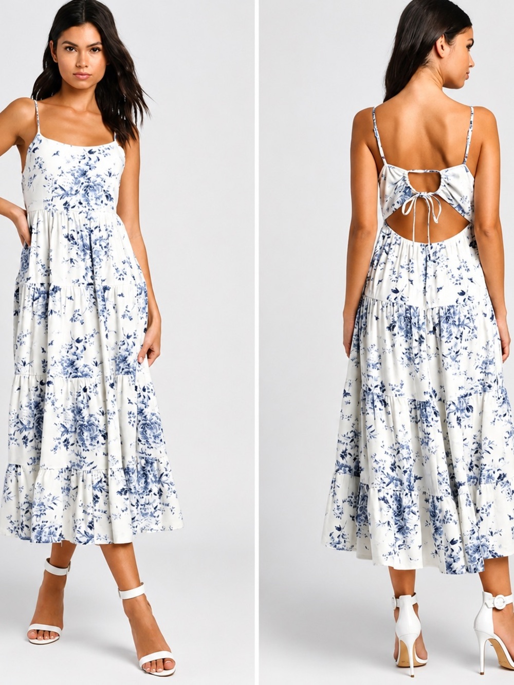 🌸 Lulus‎ Mykonos Mood Ivory Floral Print Tie Strap Tiered Midi Dress Size M 🌸